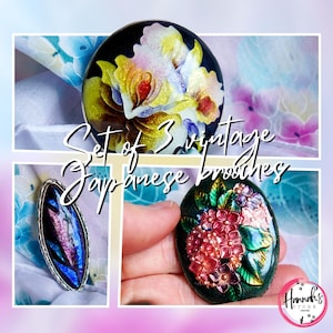 Unique vintage Japanese floral brooches set: cloisonné, iridescent & 3D enamel floral jewelry - collectibles from Japan