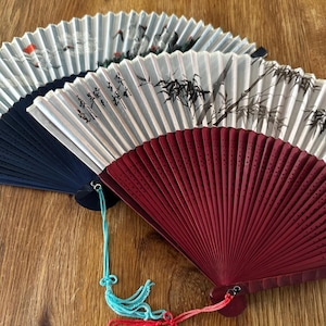Vintage Japanese folding fans bamboo sensu hand painted silk crane bamboo motifs 1950s authentic Japan collectible art set