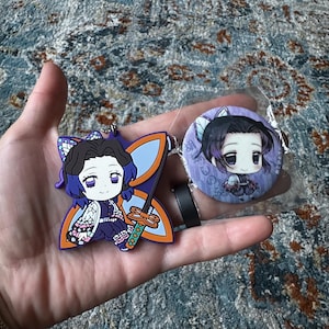 Official Demon Shinobu Kocho Chibi Keychain & Button Set from Japan - New Anime Merch | New Anime Merchandise Gift