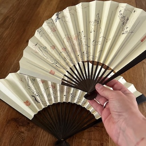Rare vintage Japanese Sensu fan set rabbit bamboo folding hand fans traditional art collectible pair from Japan