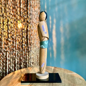 Tall charming vintage Japanese kokeshi doll geometric design authentic handmade Japan travel find collectible