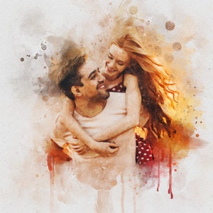 Kundengerechtes Aquarell-Paar-Porträt, personalisierte Liebhaber-Grafik, einzigartiges Verlobungs-Illustrations-Plakat vom Foto