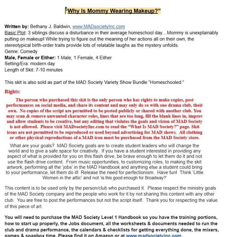 Skit Script - Why is Mommy Wearing Makeup? - Etsy