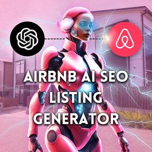 Könnte beinhalten: Ein rosa Roboter mit blauem Gesicht und leuchtenden Augen steht vor einer Reihe von Häusern. Der Roboter ist mit zwei Logos verbunden: einem schwarzen Logo mit einer stilisierten Blume und einem roten Logo mit dem Buchstaben "a". Der Text "AIRBNB AI SEO LISTING GENERATOR" ist in weißen Buchstaben auf schwarzem Hintergrund geschrieben.