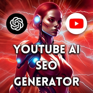 Puede incluir: Una ilustración digital de un robot femenino con piel roja y ojos azules. El robot está de pie frente a un fondo rojo con rayos blancos. El texto "YOUTUBE AI SEO GENERATOR" está escrito en letras blancas en la imagen. Los logotipos de YouTube y una empresa llamada "The Knot" también son visibles en la imagen.