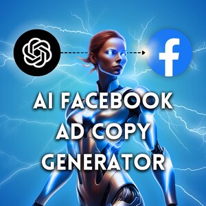 Puede incluir: Una ilustración digital de un robot con un cuerpo azul y plateado, de pie frente a un fondo azul con rayos blancos. El robot tiene una cara femenina y mira hacia la derecha. El texto "AI FACEBOOK AD COPY GENERATOR" está escrito en letras blancas debajo del robot. Un círculo negro con un logotipo blanco está en el lado izquierdo de la imagen, y un círculo azul con una "f" blanca está en el lado derecho de la imagen.