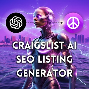 May include: A digital illustration of a robot with glowing purple eyes, standing in front of a cityscape with a purple sky. The robot is connected to two circles, one with a black and white symbol and the other with a white peace sign. The text "CRAIGSLIST AI SEO LISTING GENERATOR" is below the robot.