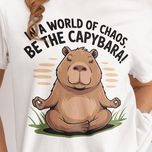 May include: White t-shirt featuring a cartoon capybara meditating with the text "In a world of chaos, be the capybara!". The capybara is brown and sitting on green grass. The shirt is a casual, comfortable style.