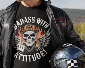 Badass with Attitude! T-shirt | Grinning Skull with Bandana & Goggles Shirt | Flaming Wings Top | Biker Tshirt | Comfort Colors® 1717 Tee