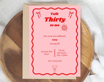 Pink & Red 30th Birthday Invitation with Bows (Digital Download)