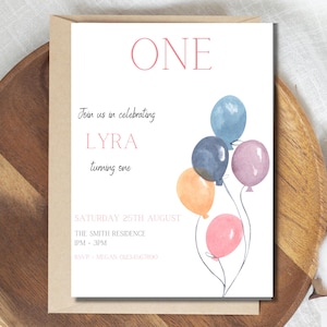 Minimal 1st Birthday Invite, Girl Editable Blush Balloons Girl First Birthday Invitation, Template Pink Coquette Invitation, Pastel balloons