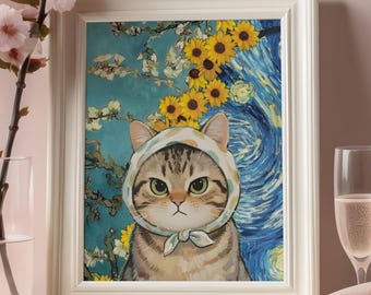 Stampa artistica da parete con gatto, illustrazione floreale notturna stravagante, opera d'arte con animali colorati, download digitale