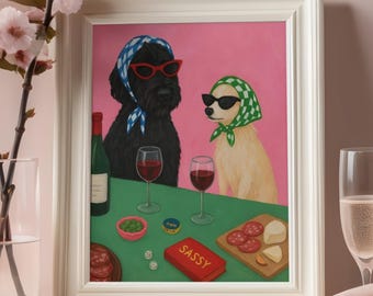 Lustiger Hund Wein Wand Kunst Druck, Bar Warenkorb Dekor, Girls Night Poster, schicke Tier Kunst, Küche Esszimmer Wanddekoration, digitaler Download