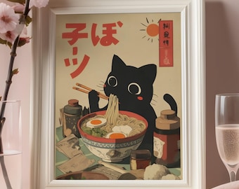 Cat Ramen Wall Art Print, Japanese Food Illustration, Whimsical Kitchen Decor, Digital Download