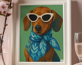 Dachshund Wall Art Print, Mid Century Modern Dog Portrait, Colorful Retro Decor, Dog Lover Gift, Digital Download