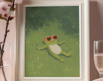 Cute Frog Wall Art Print, Whimsical Summer Illustration, Calming Green Minimal Decor, Nursery Kids Room Poster, Digital Download