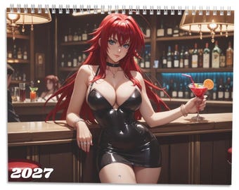 2027 Red Hair Anime Waifu Wall Calendar, Dark Fantasy Pin Up Art, Spiral Calendar