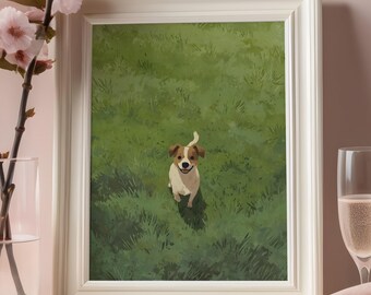 Dog Wall Art Print, Minimalist Pet Illustration, Green Meadow Decor, Digital Download