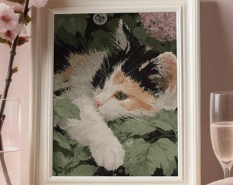 Cat Wall Art Print, Cozy Garden Illustration, Whimsical Nature Cat, Digital Download