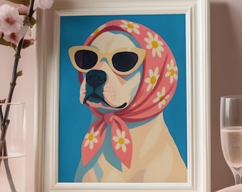 Dog Wall Art Print, Fashion Dog Portrait, Pink Floral Scarf, Retro Aesthetic Decor, Dog Lover Gift, Digital Download