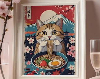Cute Cat Ramen Wall Art Print, Japanese Food Illustration, Whimsical Decor, Digital Download