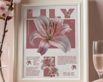 Pink Lily Flower Wall Art Print, Floral Botanical Poster, Asian Style Decor, Minimalist Feminine Artwork, Digital Download