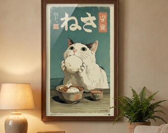 Chunky Cat Wall Art, Japanese Rice Ball Illustration, Whimsical Decor, Digital Download, cute