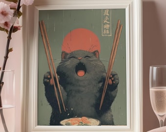 Cute Black Cat Ramen Wall Art, Japanese Style Illustration, Whimsical Decor, Digital Download