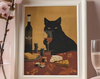 Grappige zwarte kat wijn kunst aan de muur print, bar kar decor, keuken eetkamer poster, kattenliefhebber cadeau, vintage foodie kunst, digitale download