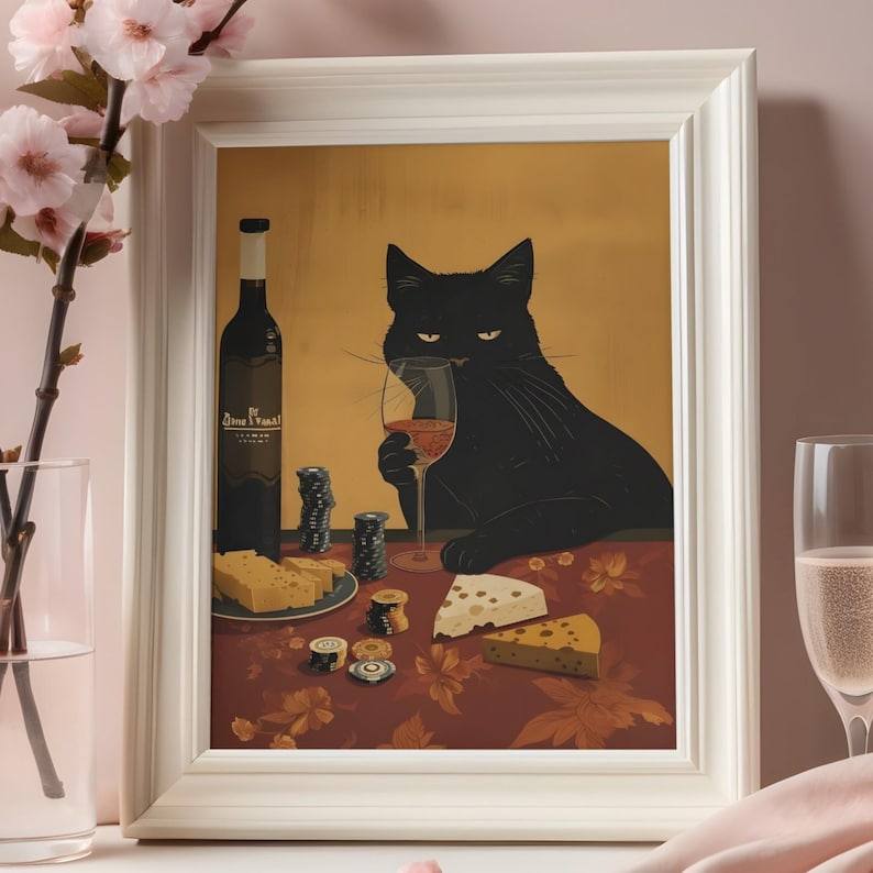 Funny Black Cat Wine Wall Art Print, Bar Cart Decor, Kitchen Dining ...
