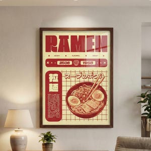 Ramen Wall Art Print, Japanese Food Poster, Retro Kitchen Decor, Digital Download image 1