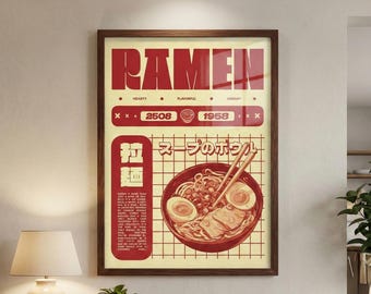 Ramen Wall Art Print, Japanese Food Poster, Retro Kitchen Decor, Digital Download