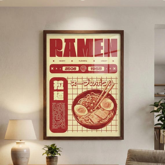 Ramen Wall Art Print, Japanese Food Poster, Retro Kitchen Decor, Digital Download