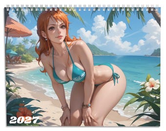 2027 Tropical Anime Bikini Calendar, Orange Hair Waifu Beach Wall Art