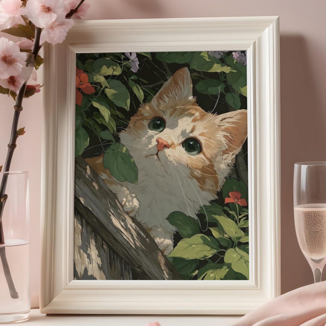 Cat Wall Art Print, Cozy Nature Illustration, Whimsical Garden Cat ...