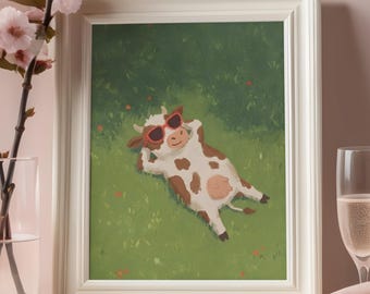Cute Cow Wall Art Print, Funny Farm Animal Illustration, Cottagecore Nursery Decor, Calming Green Meadow Poster, Digital Download
