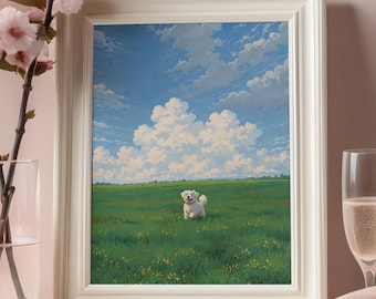 Happy Dog Wall Art Print, Peaceful Meadow Illustration, Nature Animal Decor, Digital Download