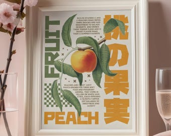Peach Kitchen Wall Art Print, Retro Fruit Poster, Vintage Botanical Decor, Farmhouse Pantry Wall Decor, Summer Green Art, Digital Download
