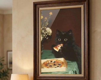 Funny Black Cat Eating Pizza Wall Art Print, Cat Lover Gift, Kitchen Decor, Food Meme Poster, Digital Download