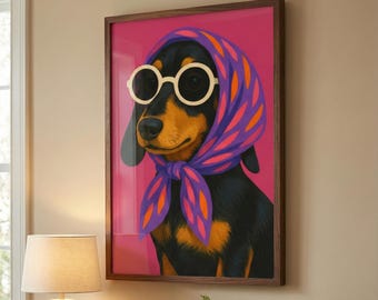Dachshund Wall Art Print, Fashion Dog Portrait, Pink Retro Decor, Dog Lover Gift, Whimsical Animal Poster, Digital Download