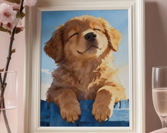 Golden Retriever Wall Art Print, Puppy Illustration, Nursery Playroom Decor, Dog Lover Gift, Cozy Cottage Wall Decor, Digital Download