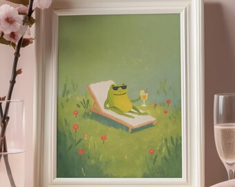 Funny Frog Wall Art Print, Summer Chill Illustration, Pool Bar Decor, Cocktail Aesthetic Poster, Whimsical Nature Art, Digital Download