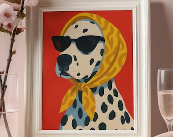 Dalmatian Wall Art Print, Fashion Dog Portrait, Retro Pop Art Decor, Red Statement Poster, Dog Lover Gift, Digital Download