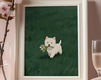 Westie Wall Art Print, Cute White Dog with Flowers, Cottagecore Nursery Decor, Calming Green Meadow Poster, Digital Download
