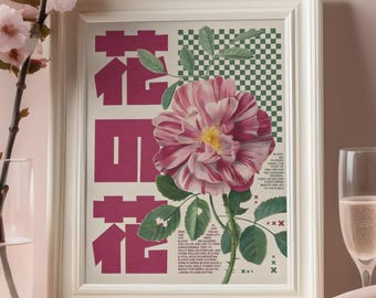 Pink Floral Wall Art Print, Botanical Flower Poster, Asian Style Decor, Digital Download