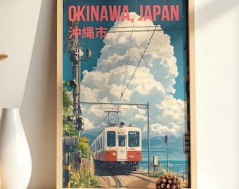 Okinawa Japan Wall Art Print, Coastal Train Illustration, Travel Aesthetic Decor, Digital Download
