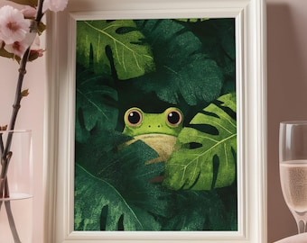 Frog Wall Art Print, Jungle Nature Illustration, Green Botanical Decor, Digital Download