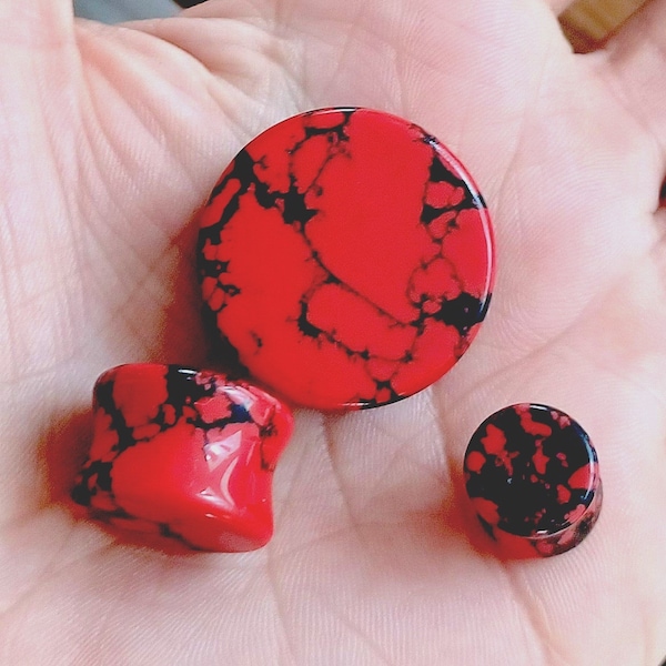 Stone Ear Plug Red and Black Turquoise Double Flare Ear Plug Flesh Tunnel