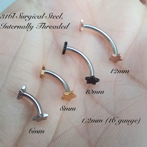 316l Surgical Steel STAR Vertical Labret, Eyebrow Bar, Rook Piercing, Cartilage Ring 1.2mm 16g, 6mm, 8mm, 10mm, 12mm