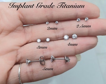 Beautiful Implant Grade Titanium Crystal CZ Stud Earrings Pair Prong Studs Silver Grade 23 Titanium Initial Piercing ASTM F-136